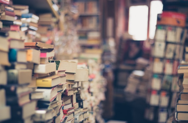 Many stacks of books